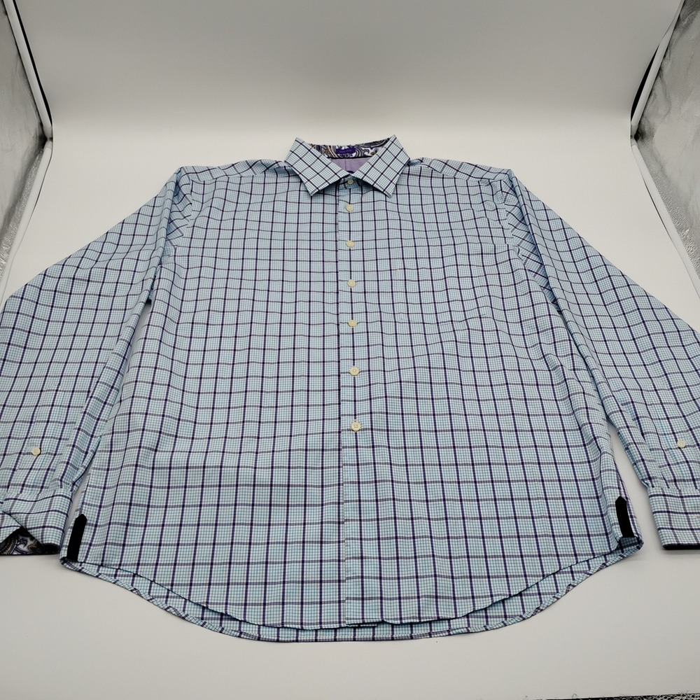 Egara Mens XXL Blue Purple Plaid Button Down Dress Shirt 18-18.5 Paisley